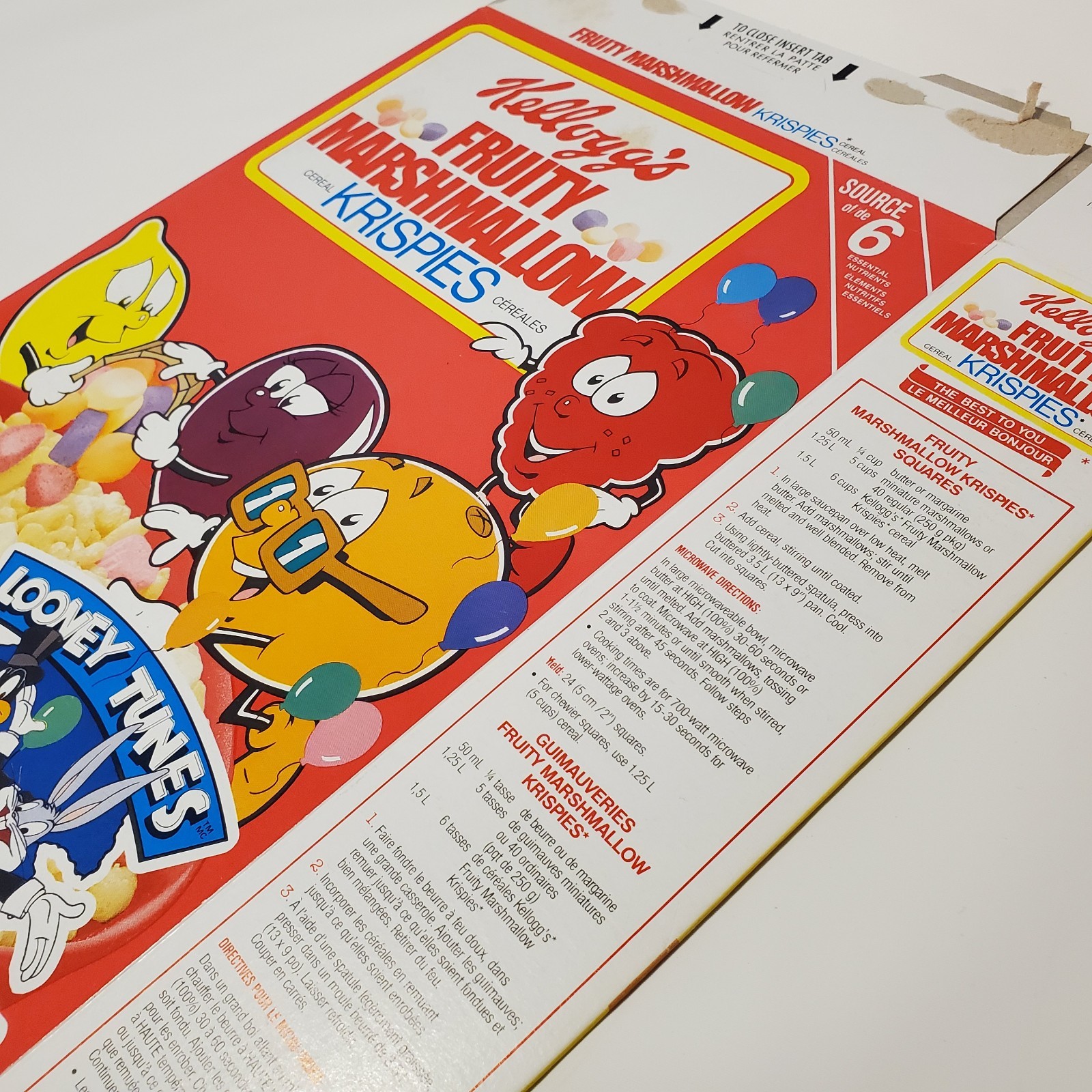 Vintage 1990 1991 Kelloggs Fruity Marshmallow Krispies Cereal Box Looney Tunes