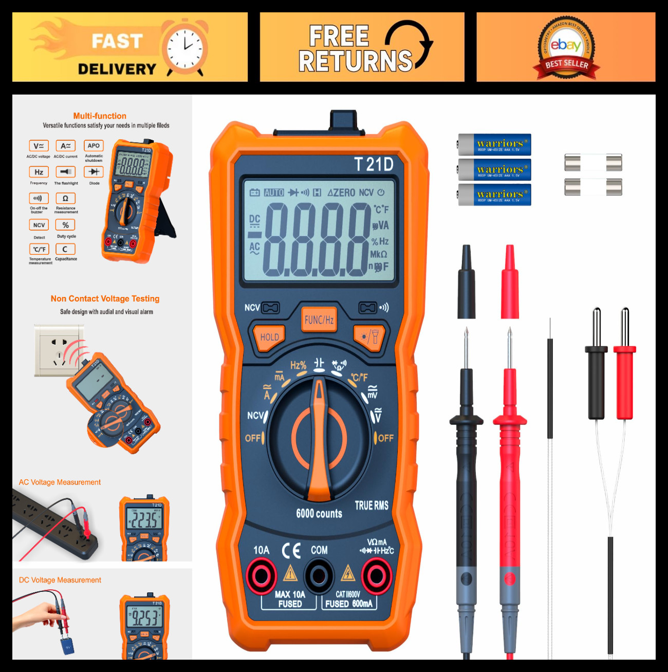 Auto-Ranging Digital Multimeter, TRMS 6000 Counts AC DC Voltmeter Ohm Volt Amp M