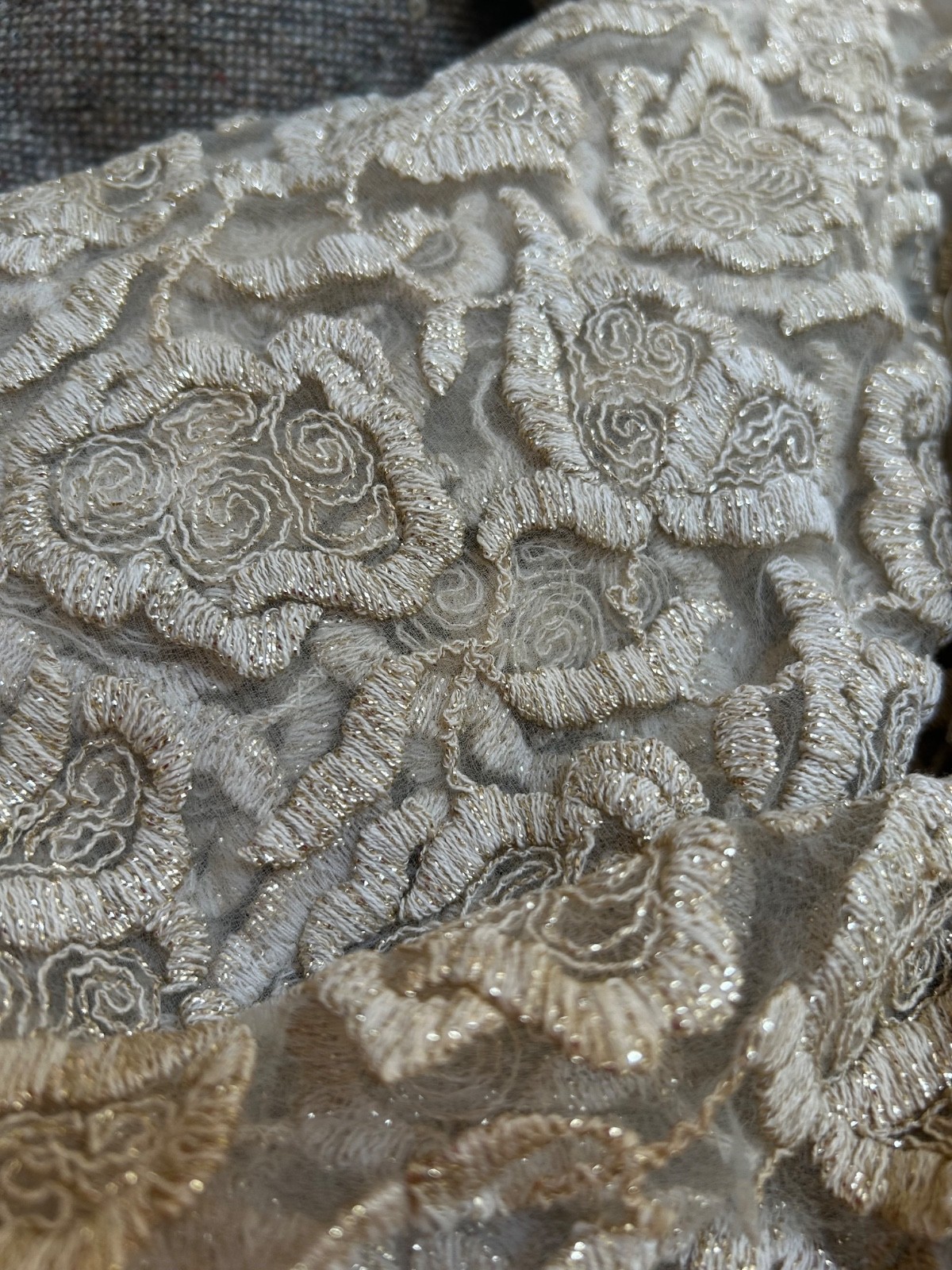 2 yards vintage gold /silver metallic embroidered sheer fabric flower 31”w