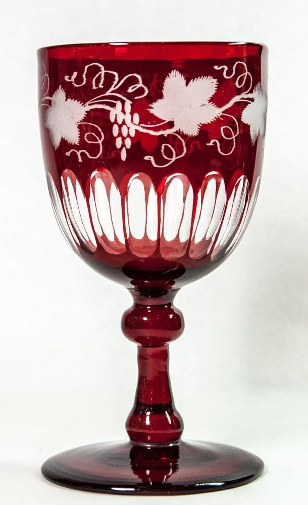 4 Ruby Glass Cut To Clear Water Wine Goblet Grape Clusters Leaves Cranberry