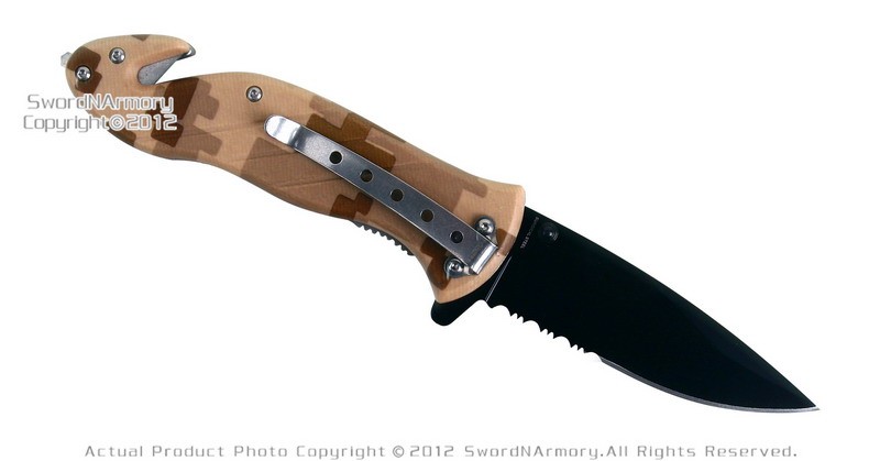 US Navy Seals Desert Camo Assisted Open Pocket Folding Rescue Knife Belt Cutter
