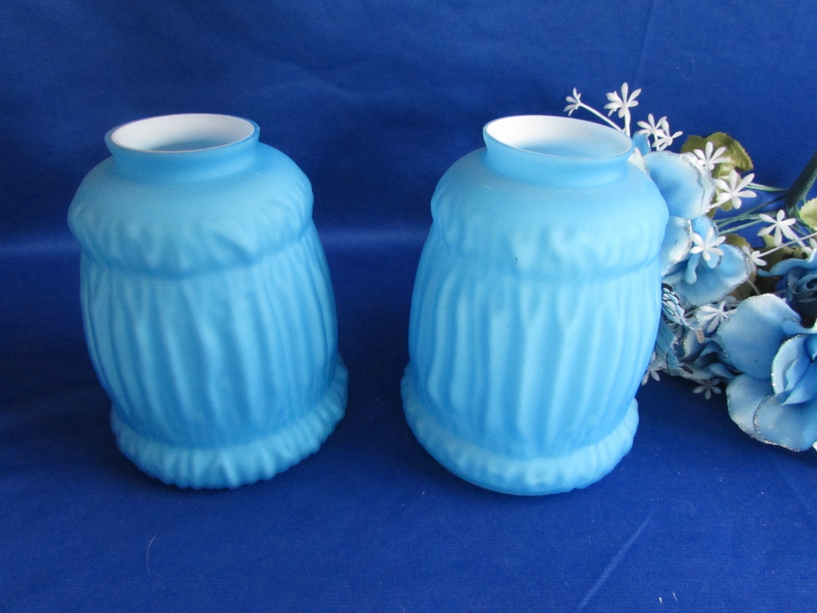 ANTIQUE PAIR SATIN BLUE CASED MILK GLASS DRAPED PLEATED DEPRESSION LIGHT SHADES