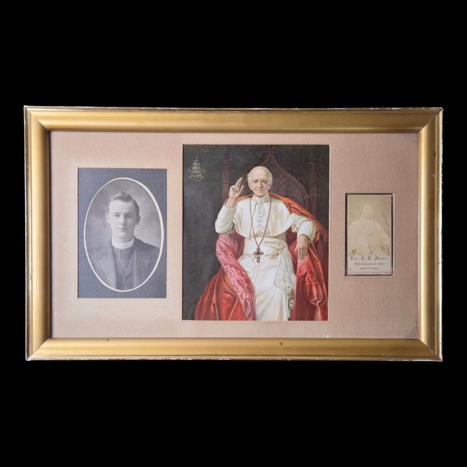 Antique Religious Framed Art Pope Leo XIII & Rev D D Moore 1800s Period Frame