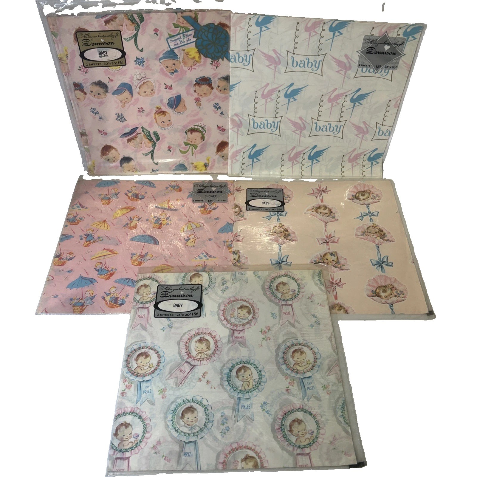 VINTAGE WRAPPING PAPER- NEW BABY, BABY SHOWER, CHILD GIFT, 7 Packs Dennison