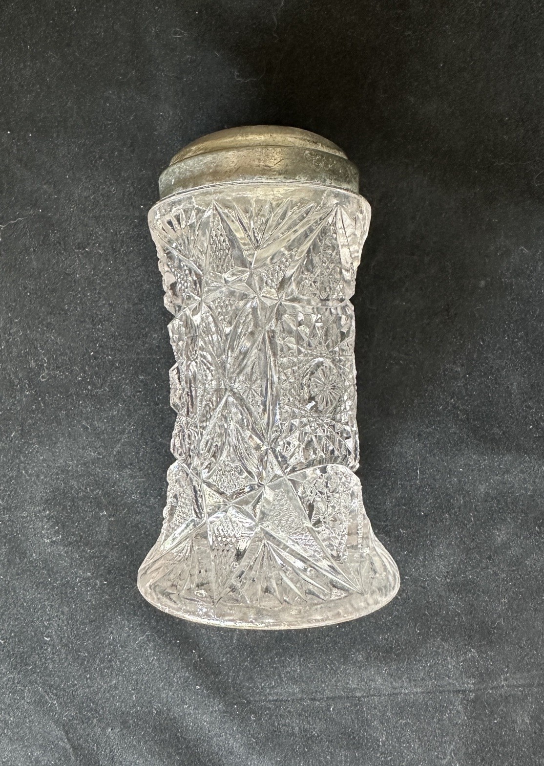 Antique Cut Glass Sugar Shaker; Heavy Leaded Crystal Hobstar Design w/ Metal Top