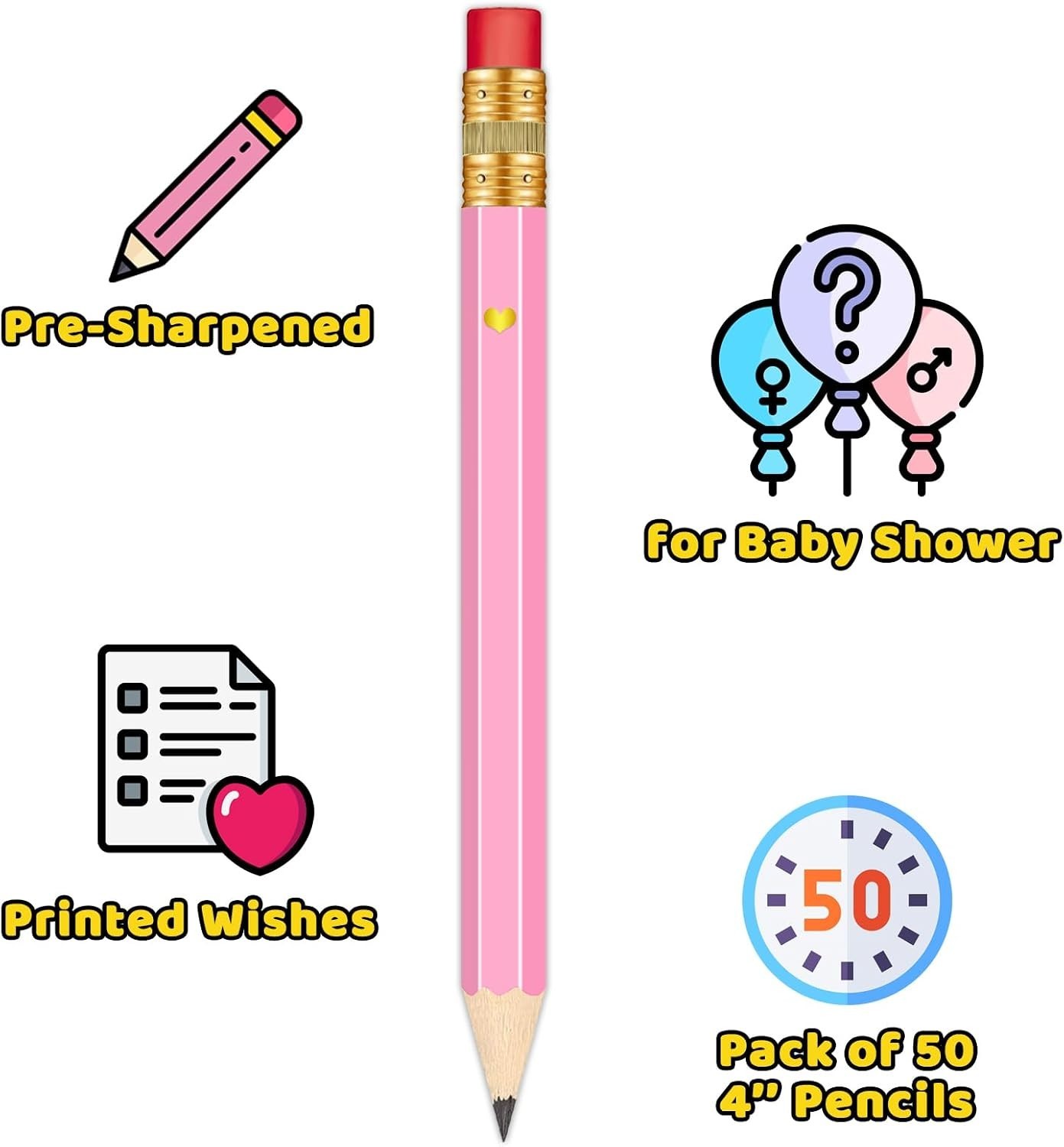 50Pcs – Baby Shower Sharpened Half Pencils with Erasers, Pre-sharpened Pencil…