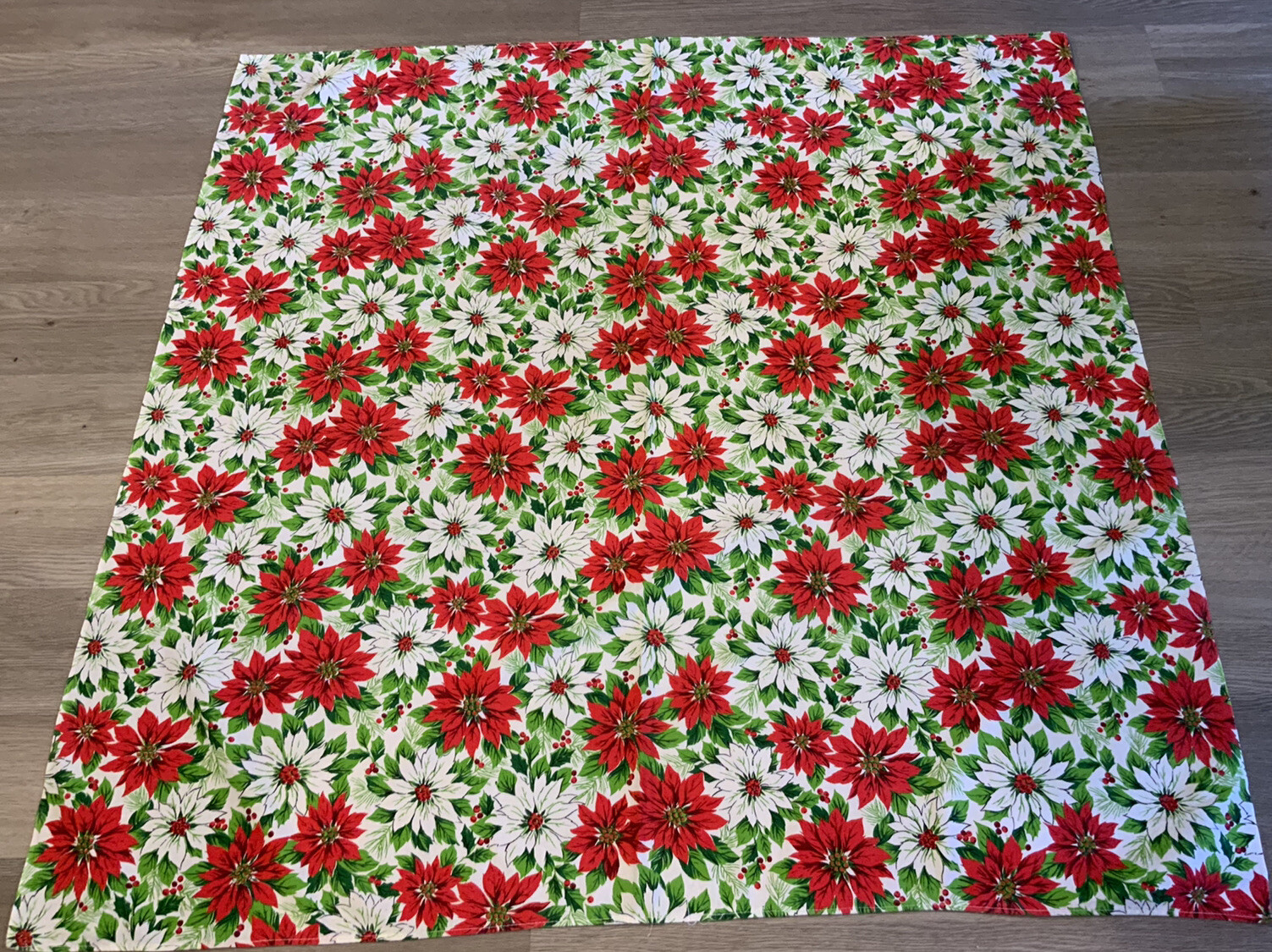 Vintage Square Tablecloth, Christmas, Poinsettias, Holly, Berries, Cotton