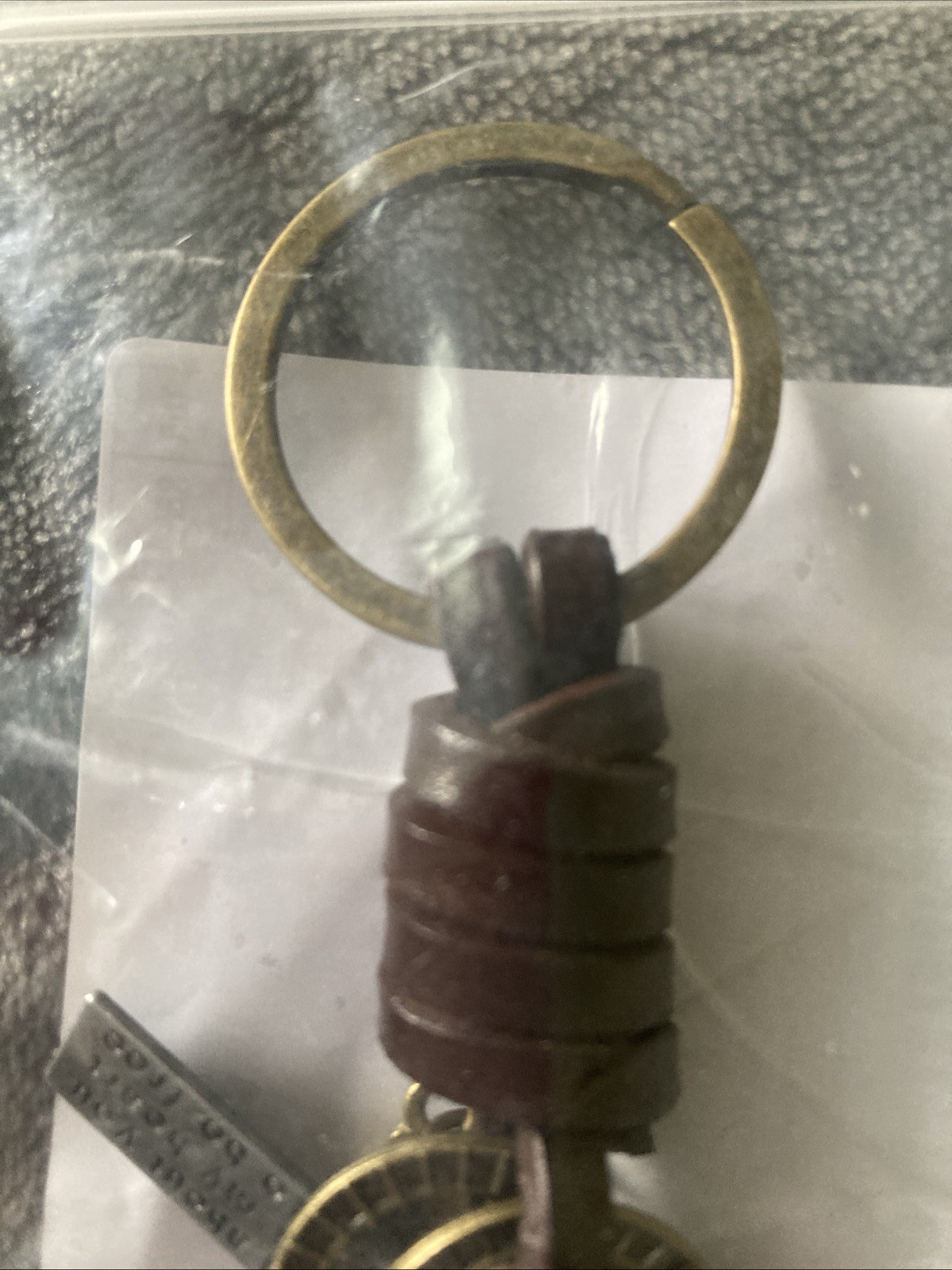 Faux leather Wrap & Metal Acoustic Guitar Keychain; Brass Look; 4.72” NEW
