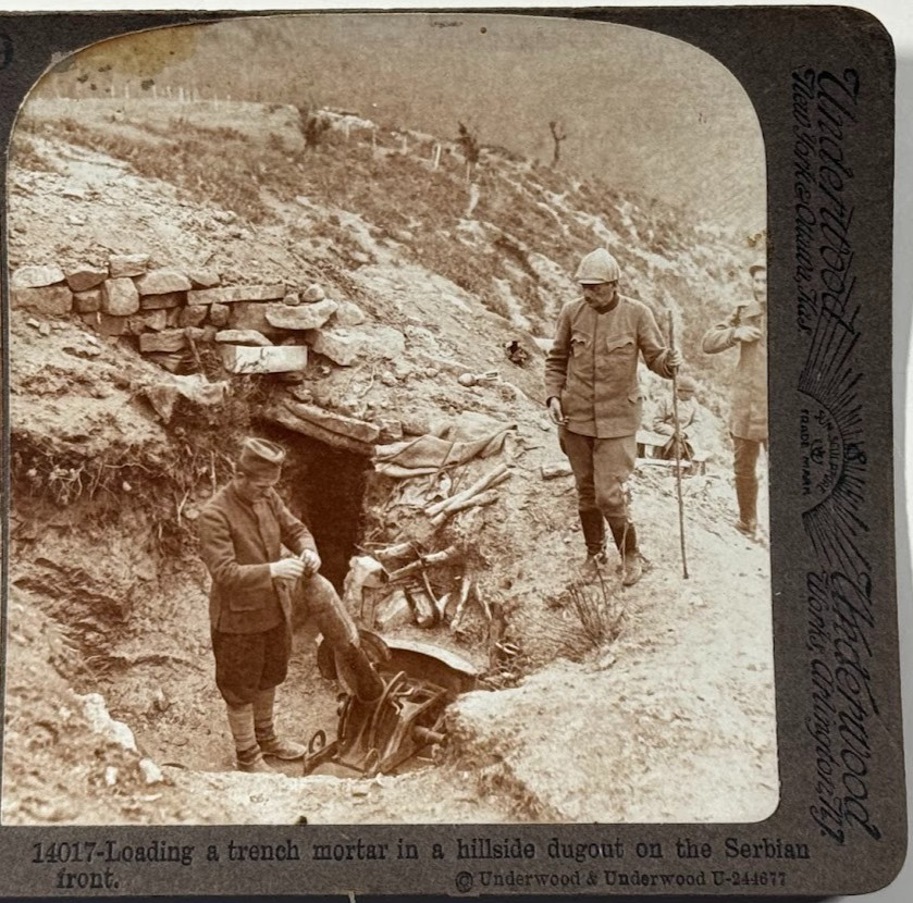 Loading a Trench Mortar in a Hillside Dugout on the Serbian Front, Stereoview