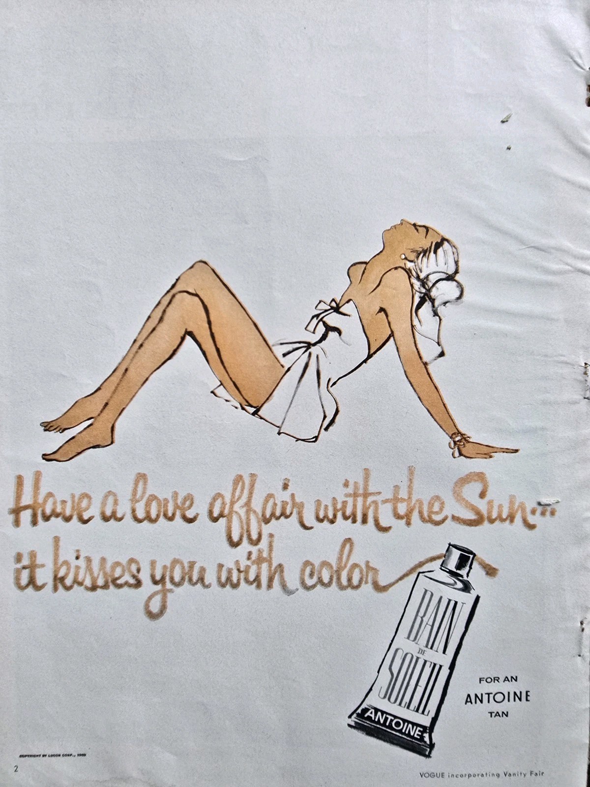 1960 Antoine Bain De Soleil Suntan Tanning Lotion love affair sun Vintage Ad