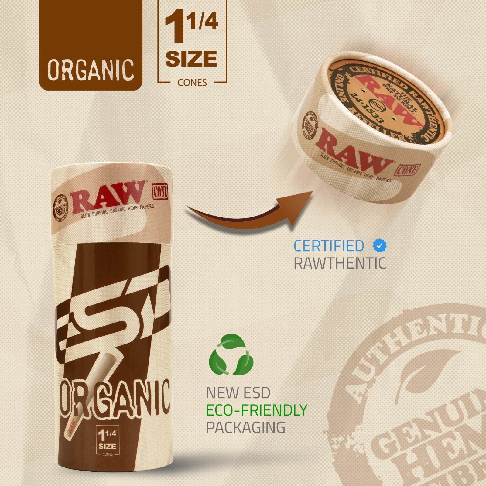RAW Organic 1 1/4 Size Pre-Rolled Cones | 100 Pack | Slow Burning Papers