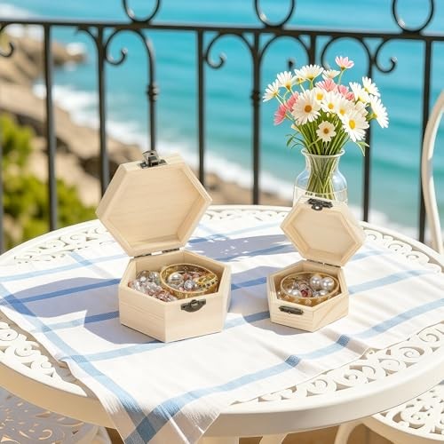 Hexagonal Wood Gift Boxes with Lid for DIY Crafts, 2 Pack, Large & Small, Pine