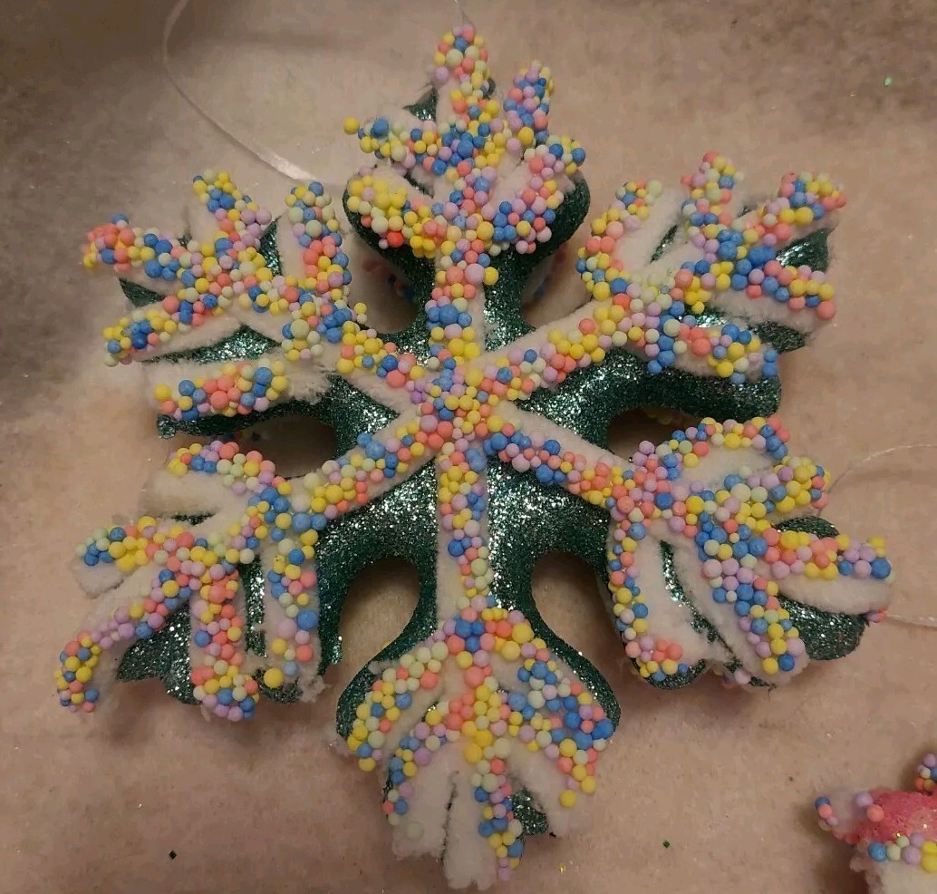 3pc Candy GLITTER SPRINKLE COATED Snowflake Christmas Ornament Shatterproof