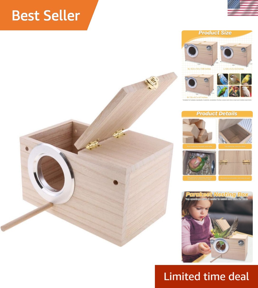 Sleek Wooden Bird Breeding Box for Parakeets, Cockatoos, and Finches – Size M