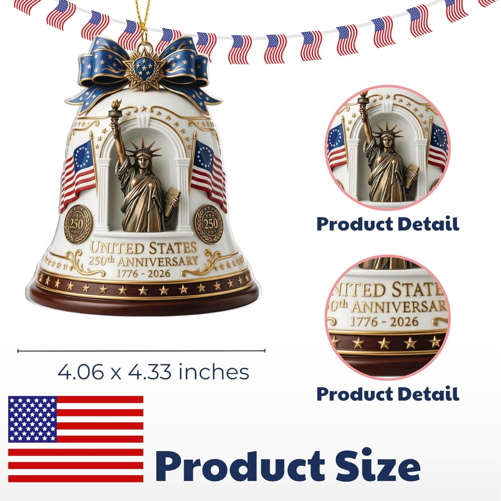 Patriotic Decorations 250 Anniversary USA Ornament – Statue of Liberty Bell, 4Th