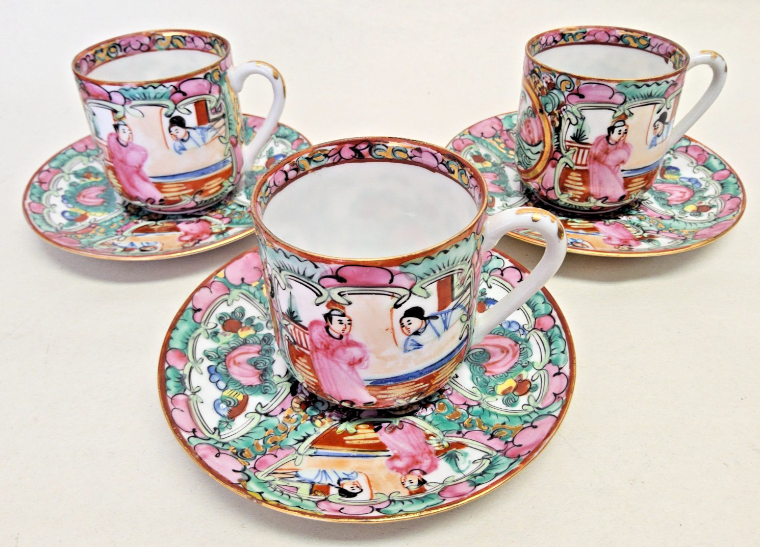 3 Vintage Rose Medallion Demitasse Tea Cup Saucer Japan Hand Decorated Hong Kong