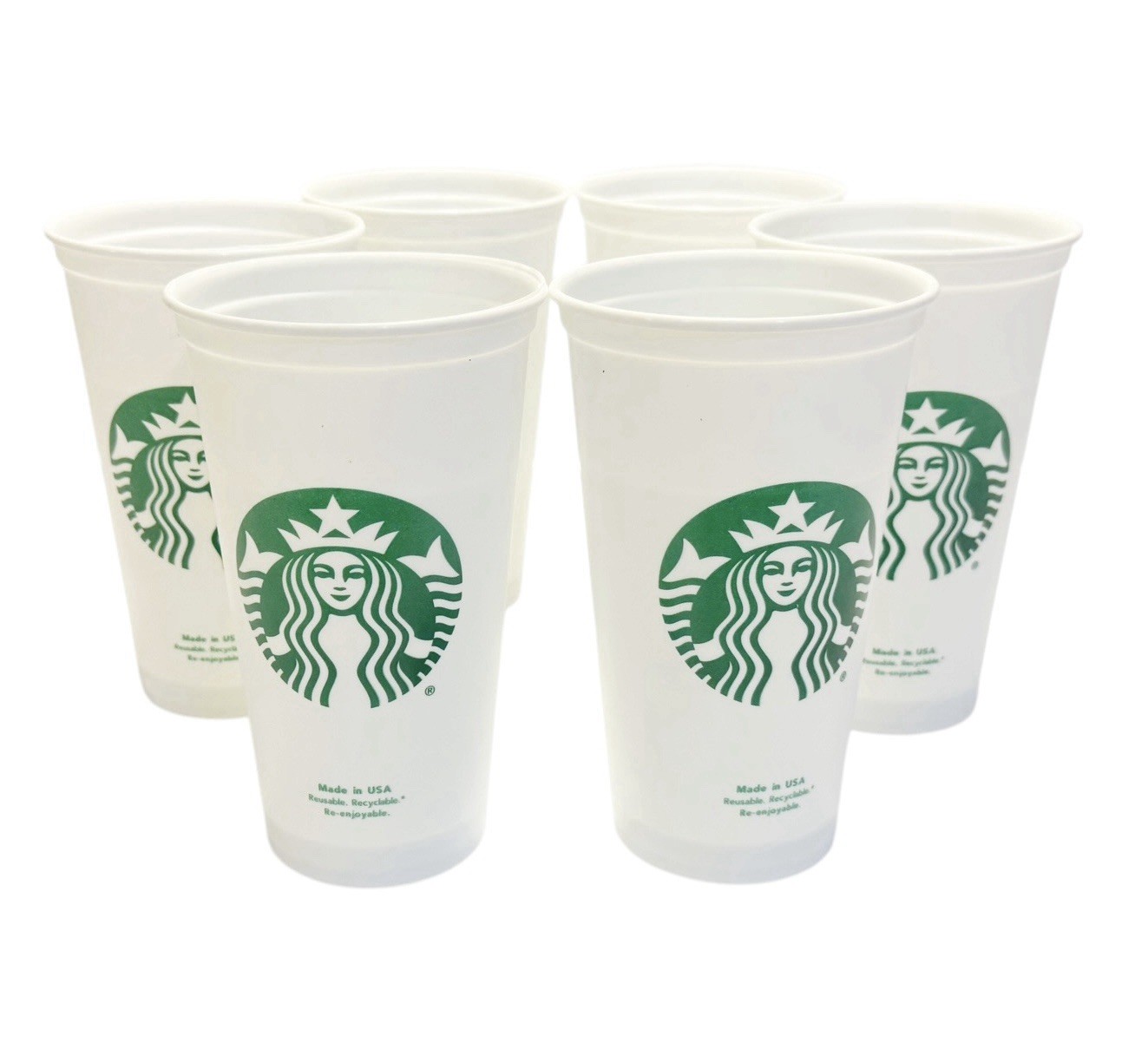 Starbucks Coffee Set of 6 White 16oz. Grande Size Reusable Plastic Cups No Lids