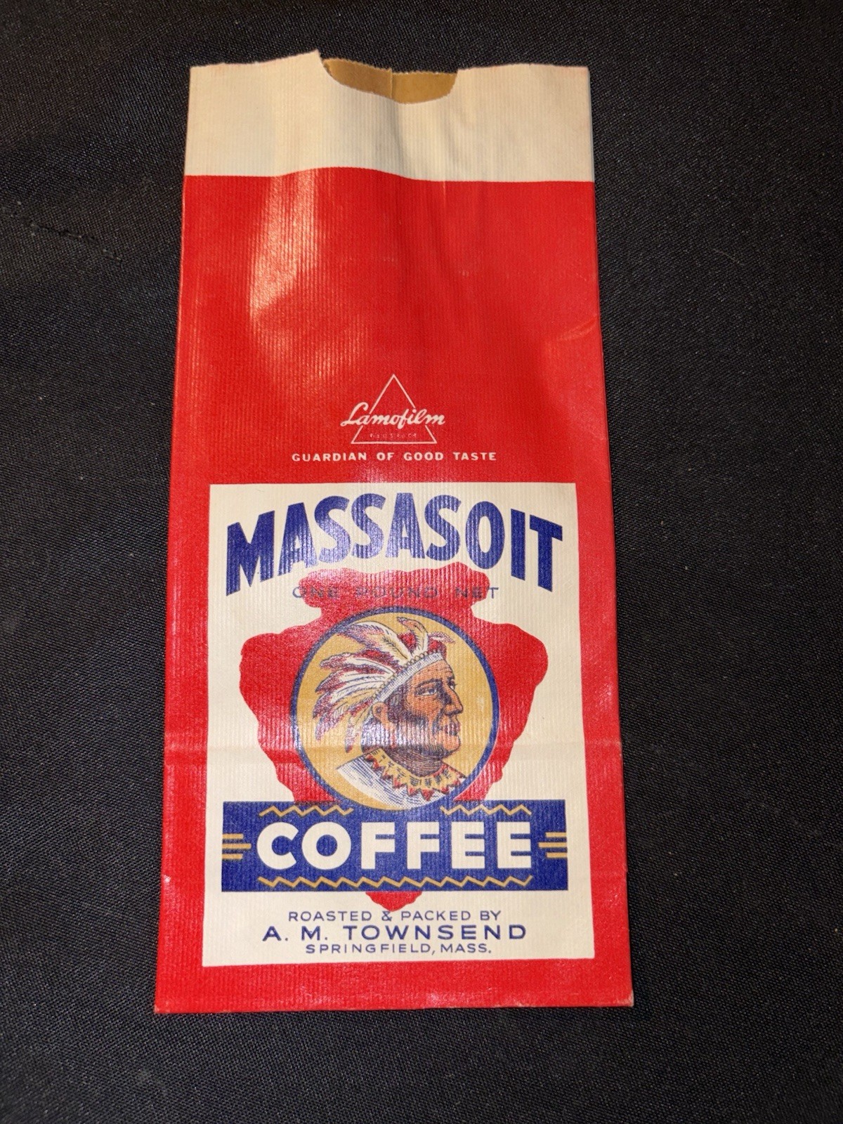 Original Massasoit Coffee Paper Bag Advertisement Indian Label Springfield Mass