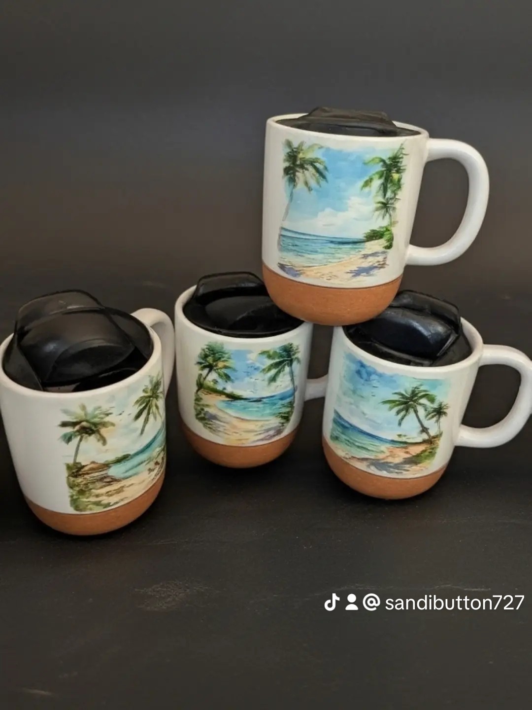 Set Of 4 Ceramic Handmade Beach Scene Coffee Mugs