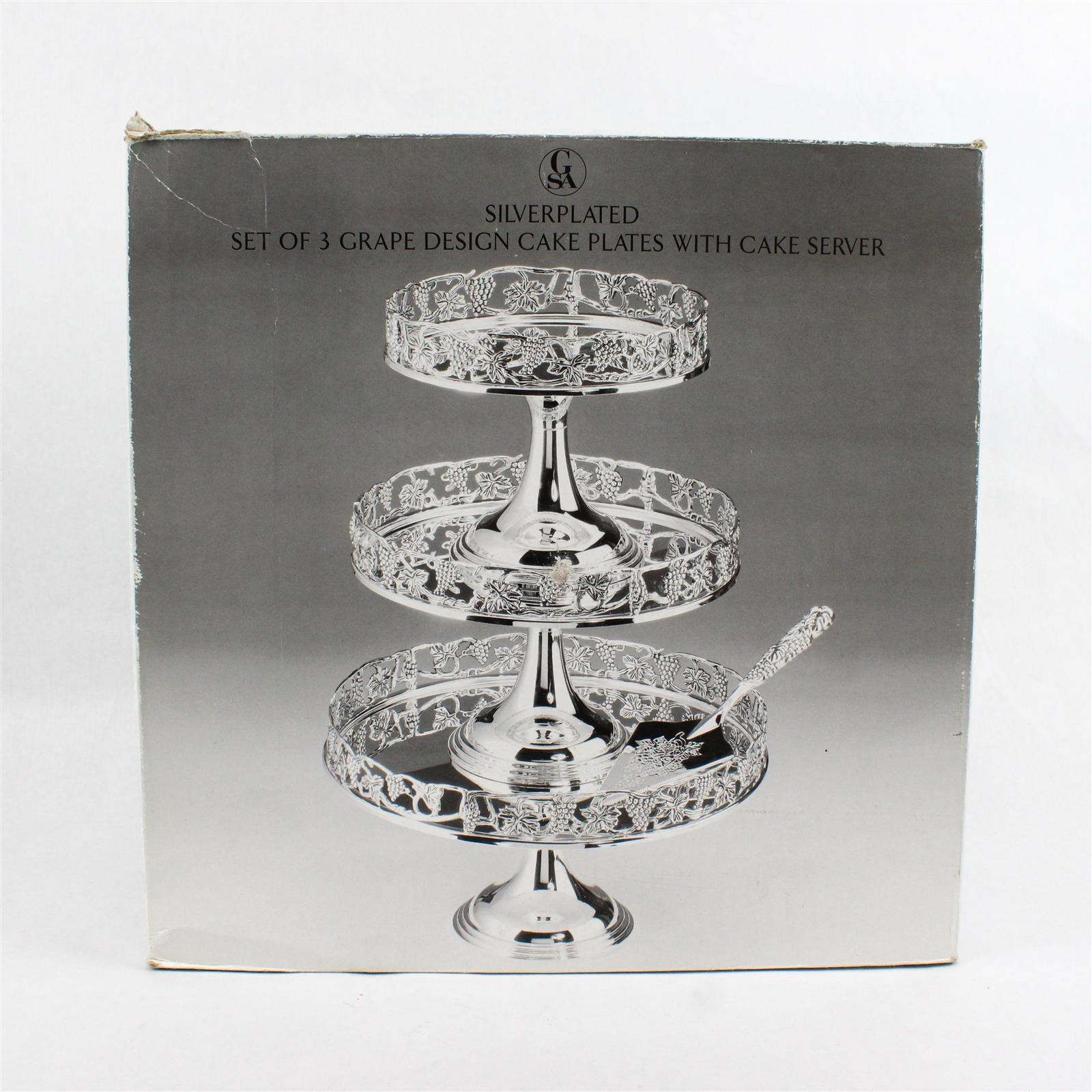 Godinger Silver Art Set of 3 Grape Design Cake Plates & Server Silverplate