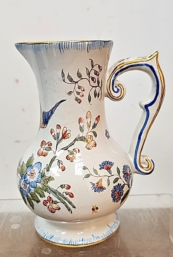 BEAUTIFUL FRENCH FAIENCE PITCHER BIRD HOLDING LETTER – UNIQUE