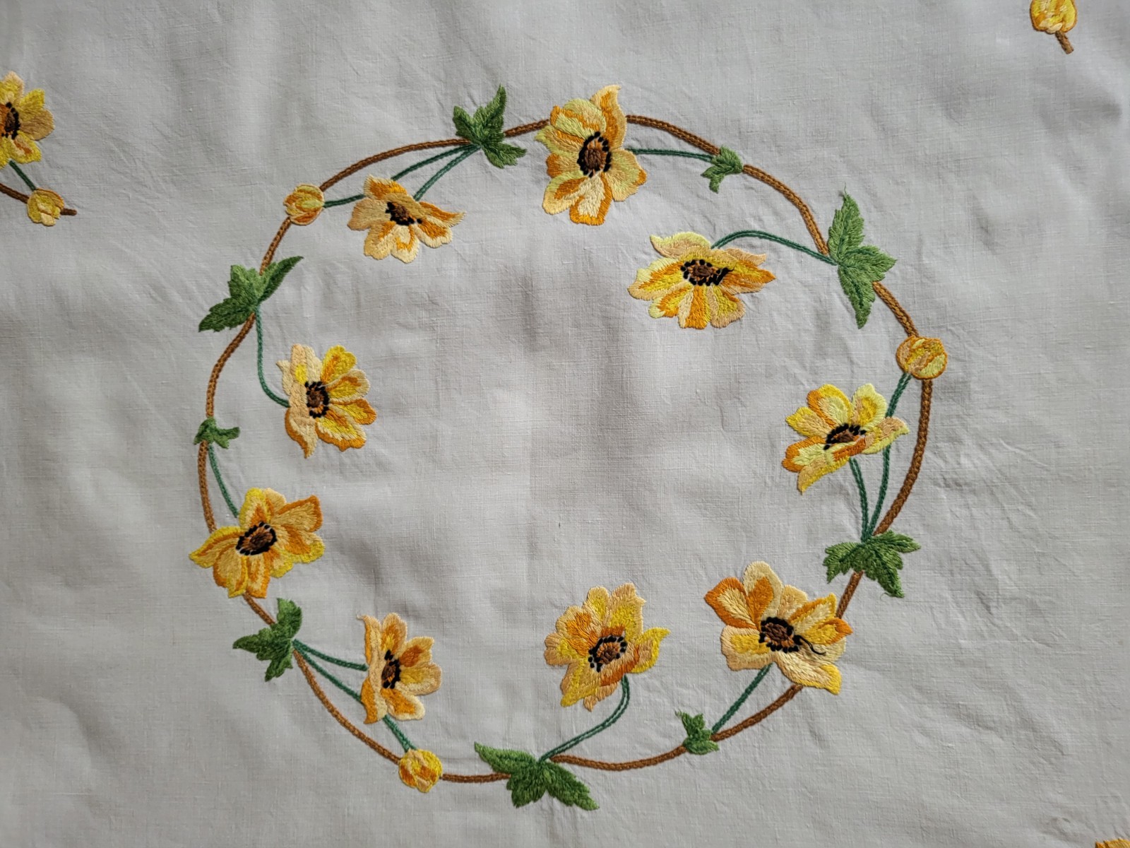 Vintage Hand Embroidered Tablecloth Yellow Icelandic Poppy or Anemone 36 x 38in