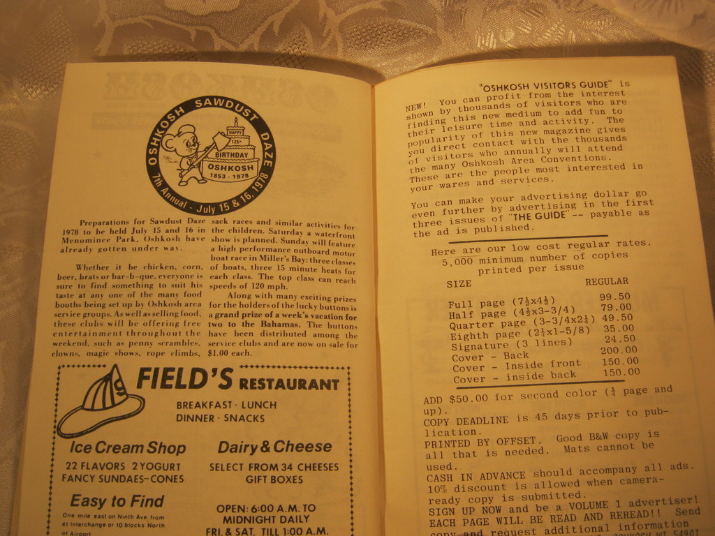 Oshkosh Visitor’s Guide 1978 vintage booklet EAA Sawdust Days Lennox Tent Sale