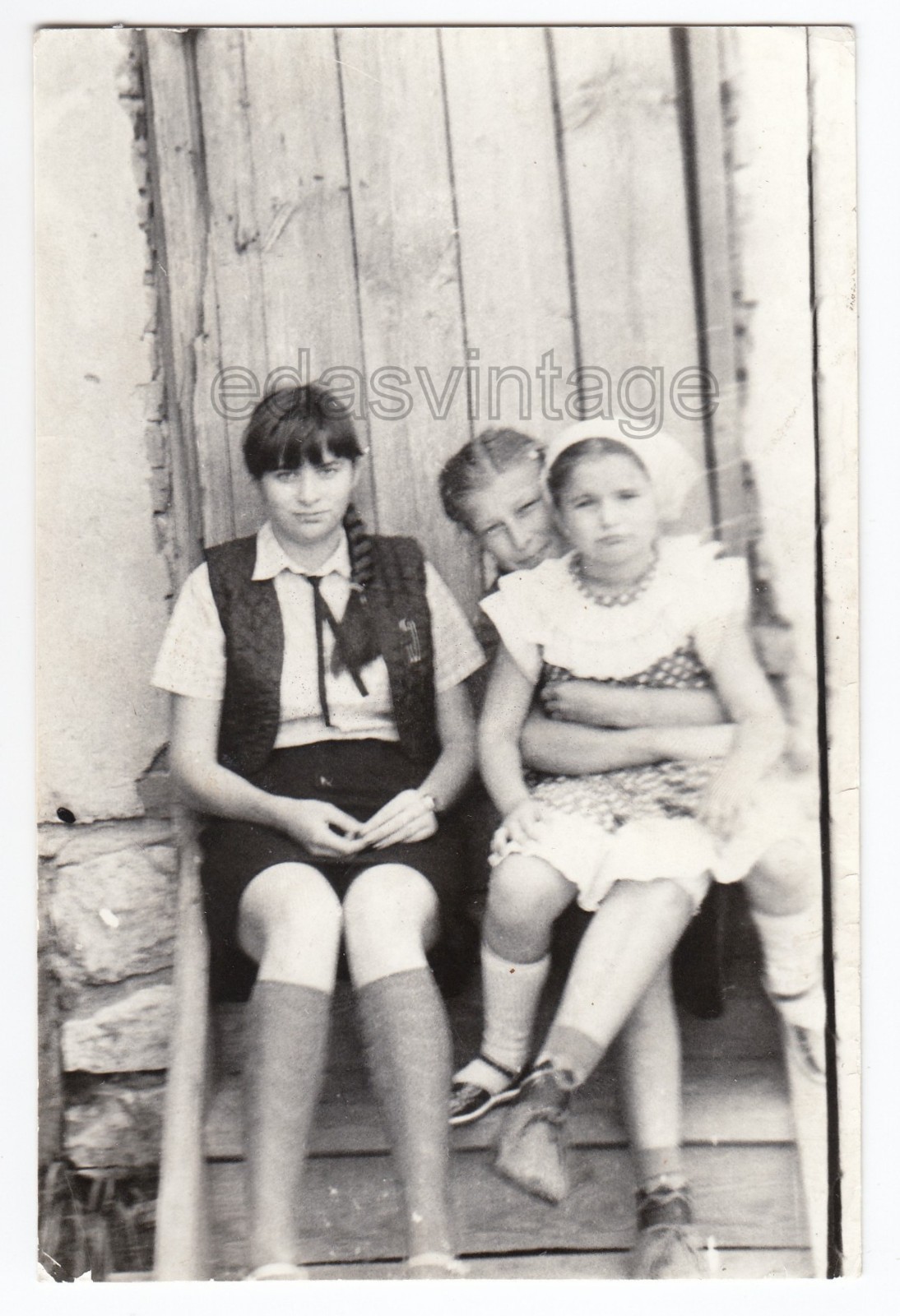 Three pretty young girls teens on bench Long hair Braid Summer dress photo USSR