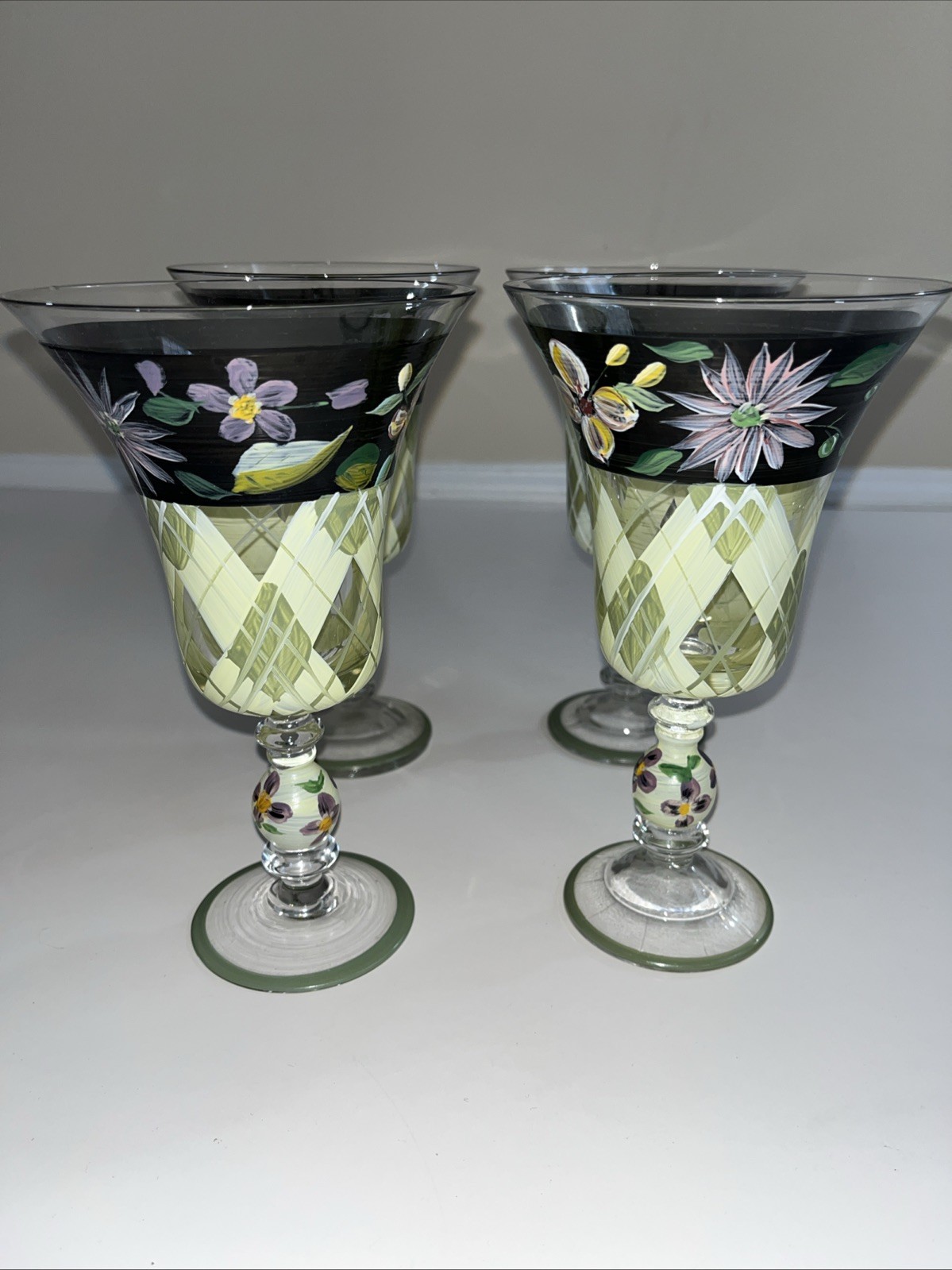 Tracy Porter Hand Painted Water Wine Stem Goblets Set of 4 Tartan Plaid Floral
