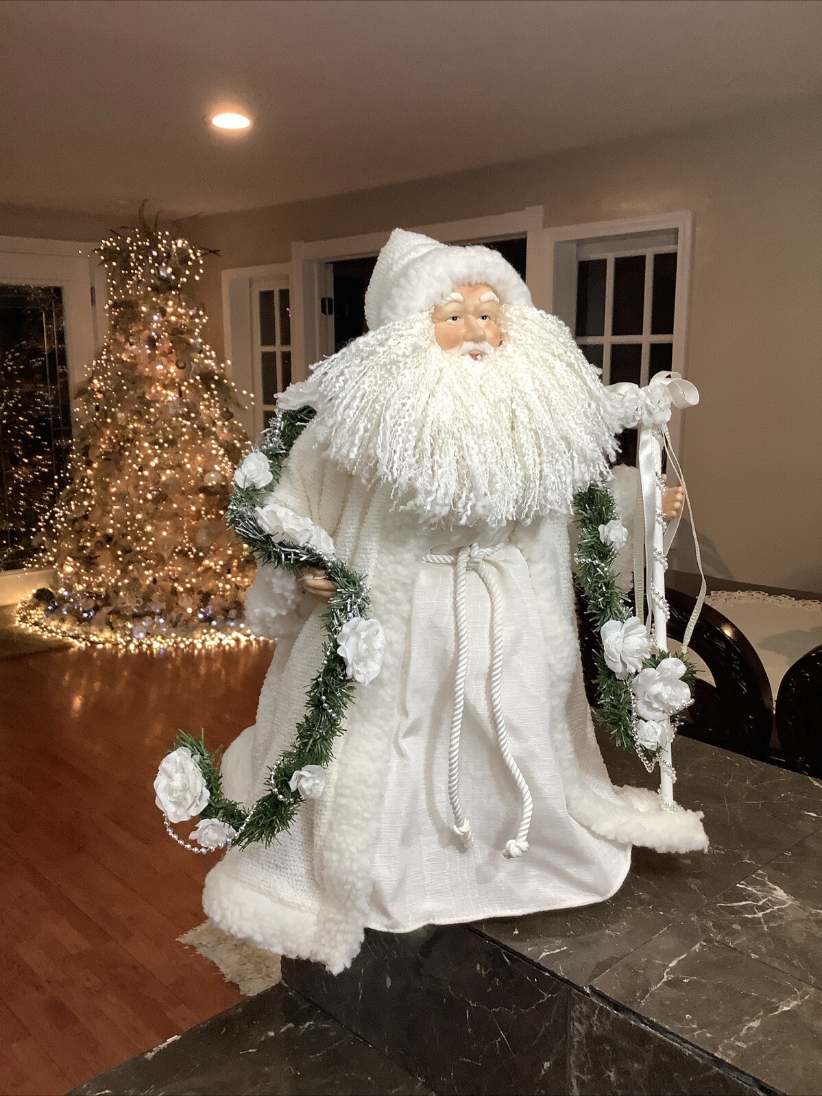 Victorian Santa Claus Tree Topper White Green Silver Gown 18” Tall 15” Wide