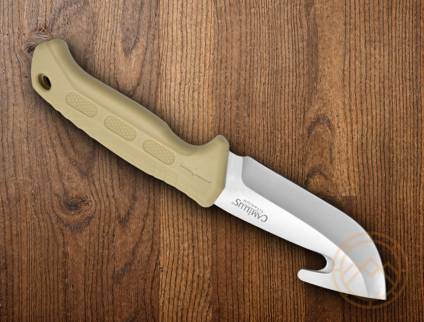 Camillus Roto Fixed Knife 4″ Full Tang 420 Steel Guthook Blade Tan TPR Handle