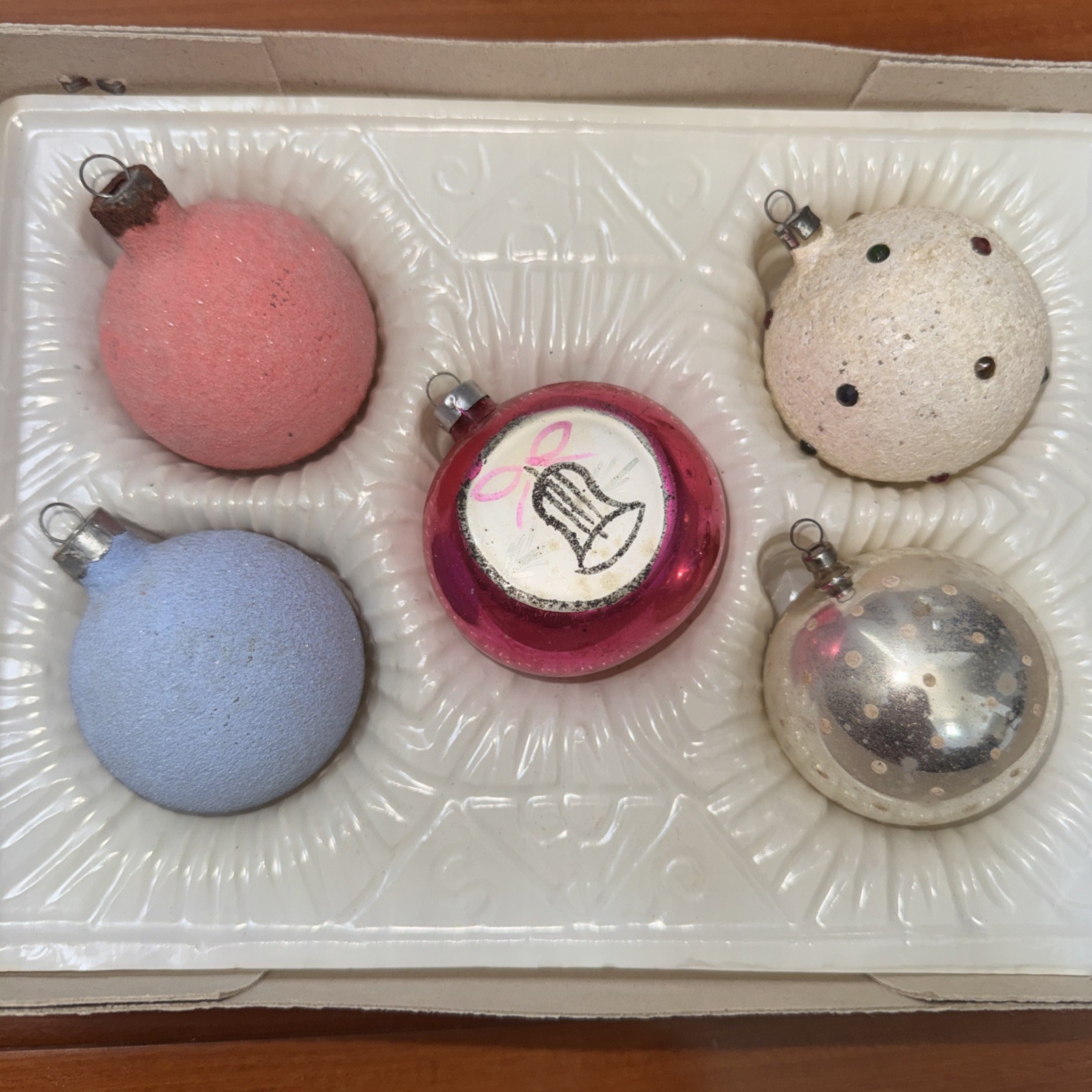5 Vintage Mica Mercury Glass Rare Ornaments 2.5 Polka Dots Baby Blue Rhinestone