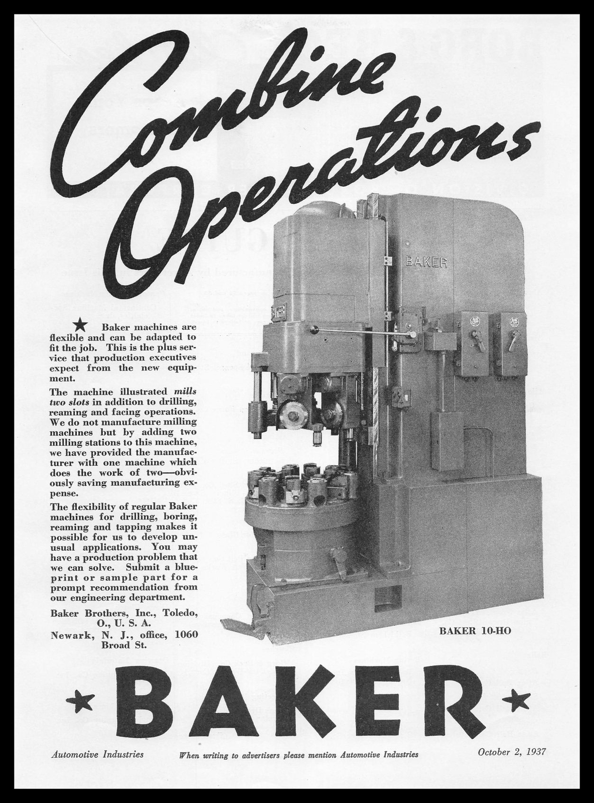 1937 Baker Brothers Toledo Ohio 10-HO Drilling Machines Photo Vintage Print Ad
