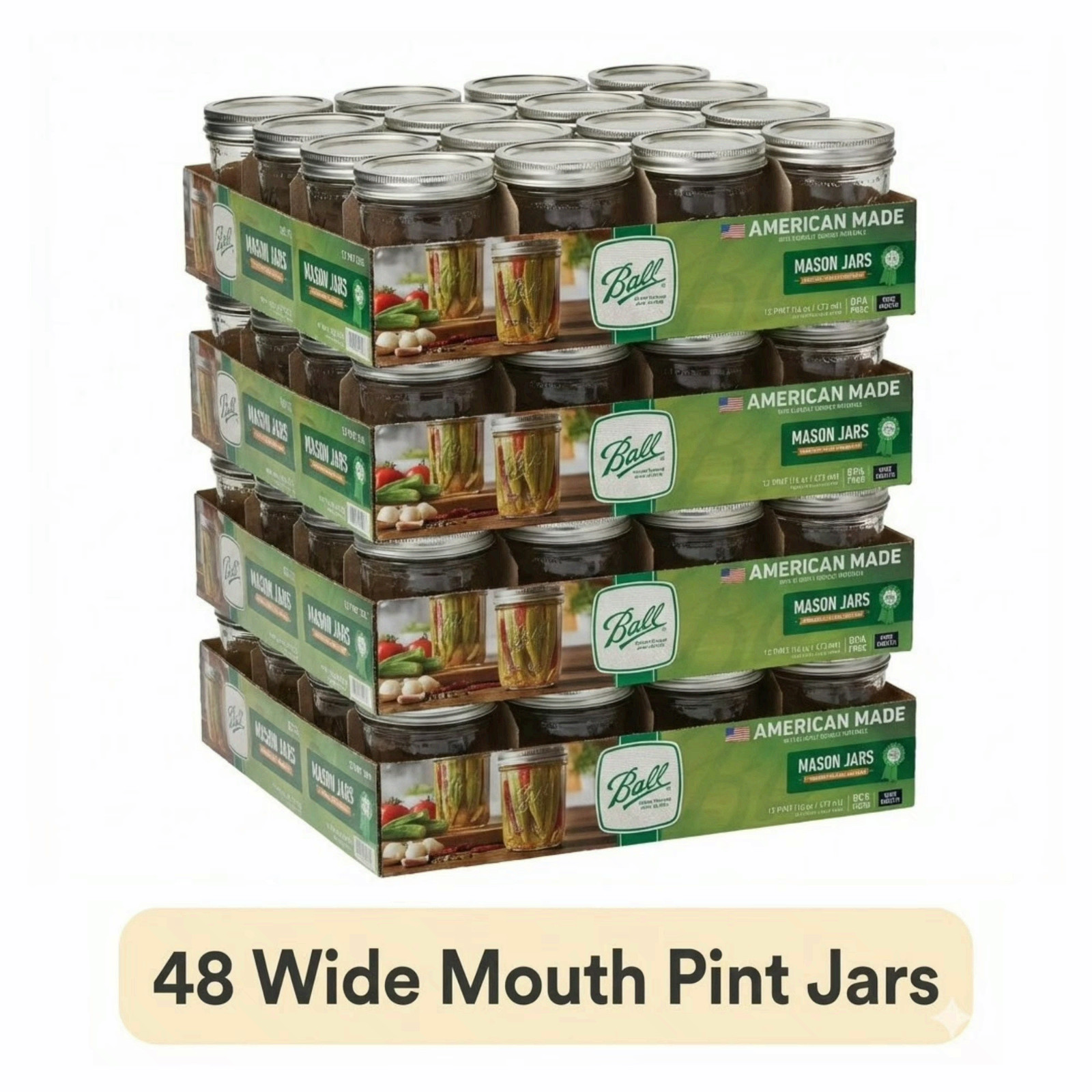 4 pack Ball, Glass Mason Jars with Lids & Bands, Wide Mouth, Clear, 16 oz, 12 Ct