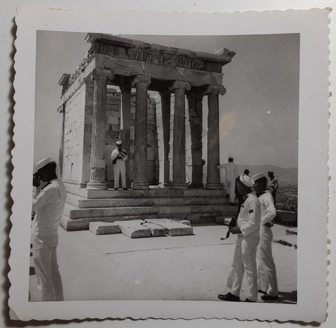 US Navy Sailors @ Temple of Athena Nike, Athens Greece: 1950’s Snapshot Photo