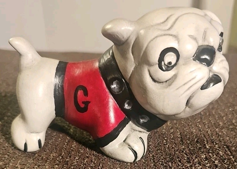 Vtg UGA Bulldog Mascot Figurine Hand Painted Bisque Ceramic With Moving Eyes