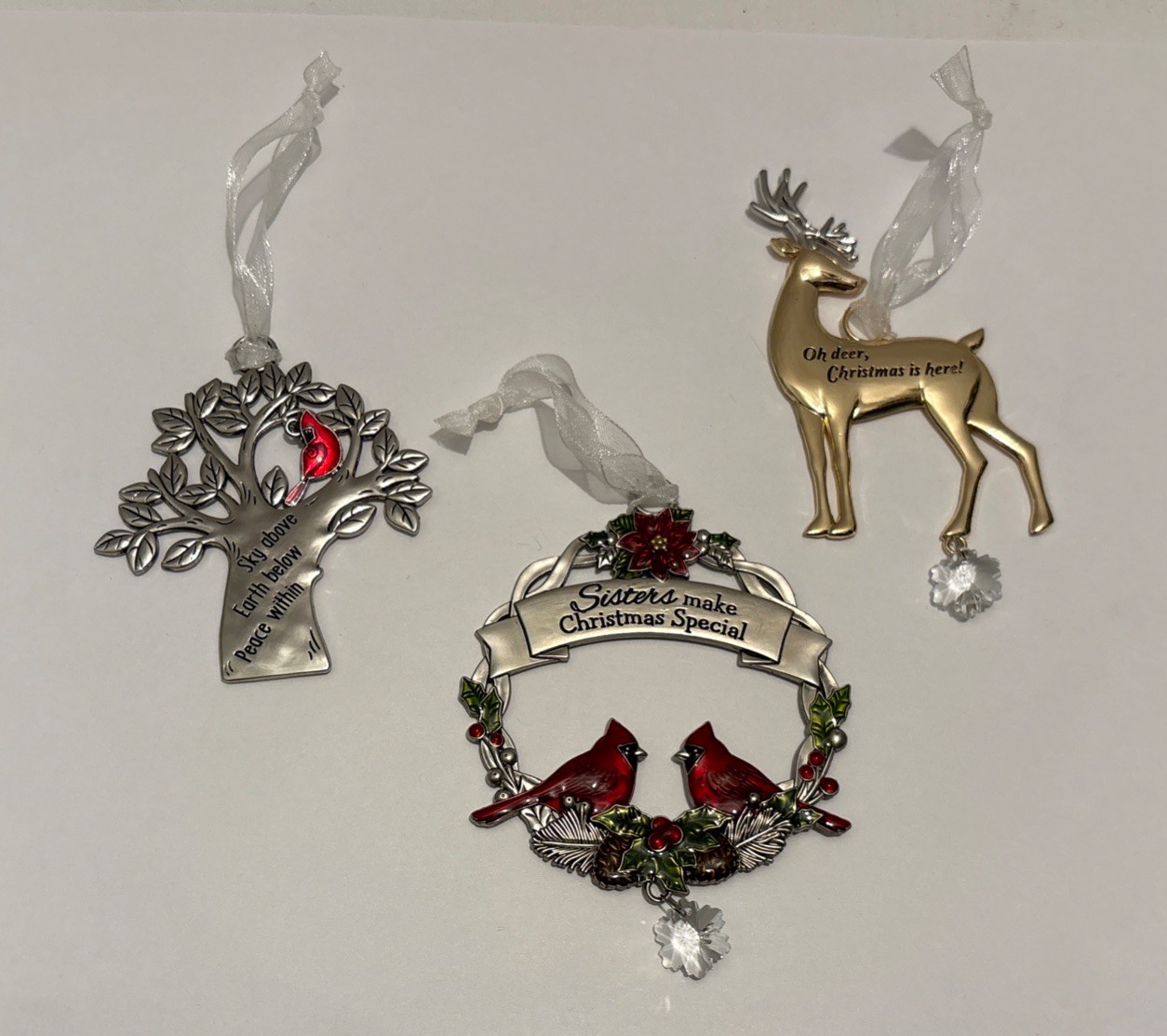 Set Of 3 Assorted Ornaments, Christmas, Love, Holiday, Nature.