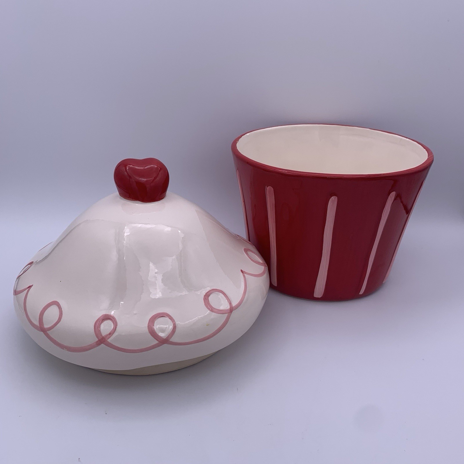 New TAG Cupcake Cookie Jar Ceramic Red Treat Container Cherry Sweets Bakery