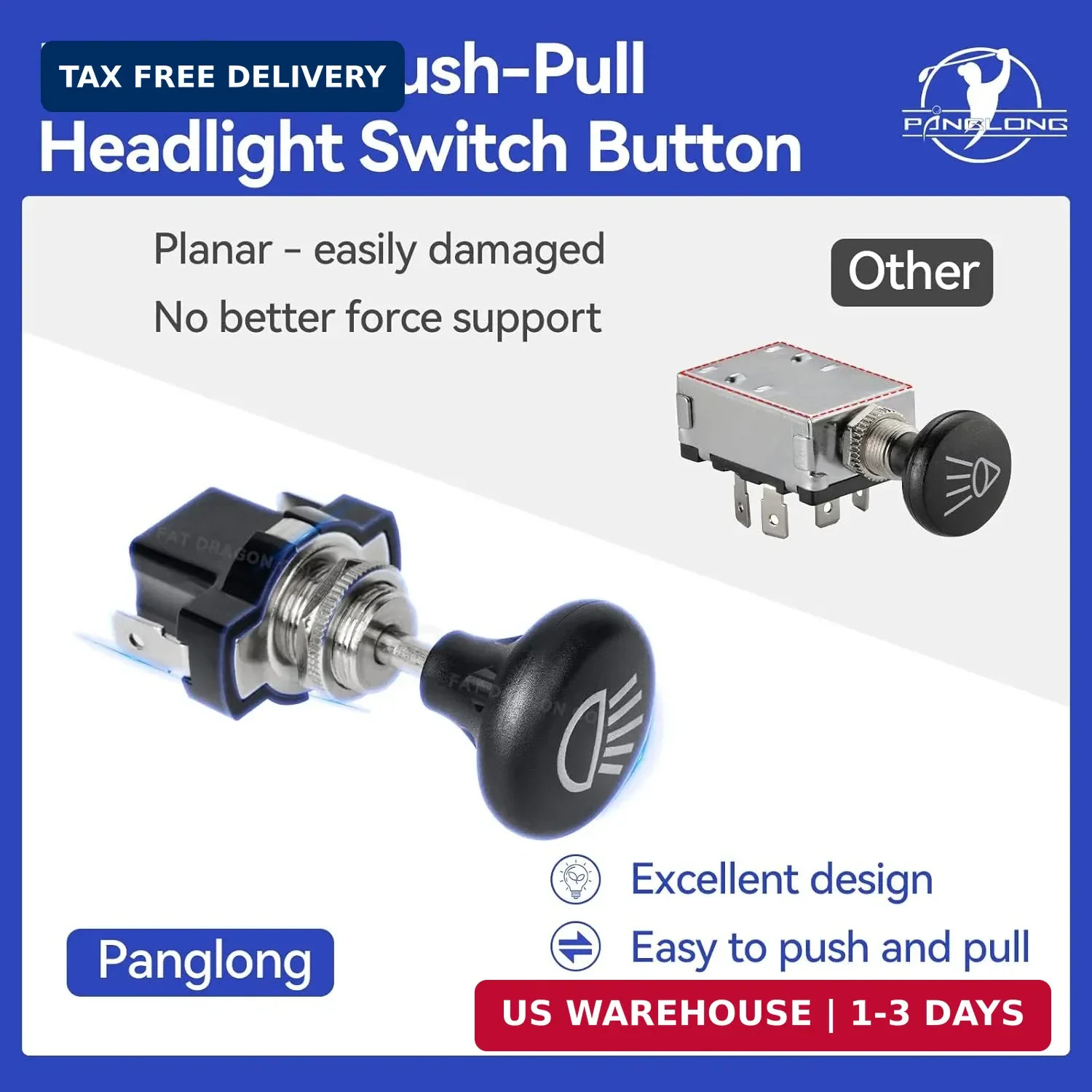 Panglong Universal Golf Cart Light Switch, Push Pull Headlight Switch Button-12V