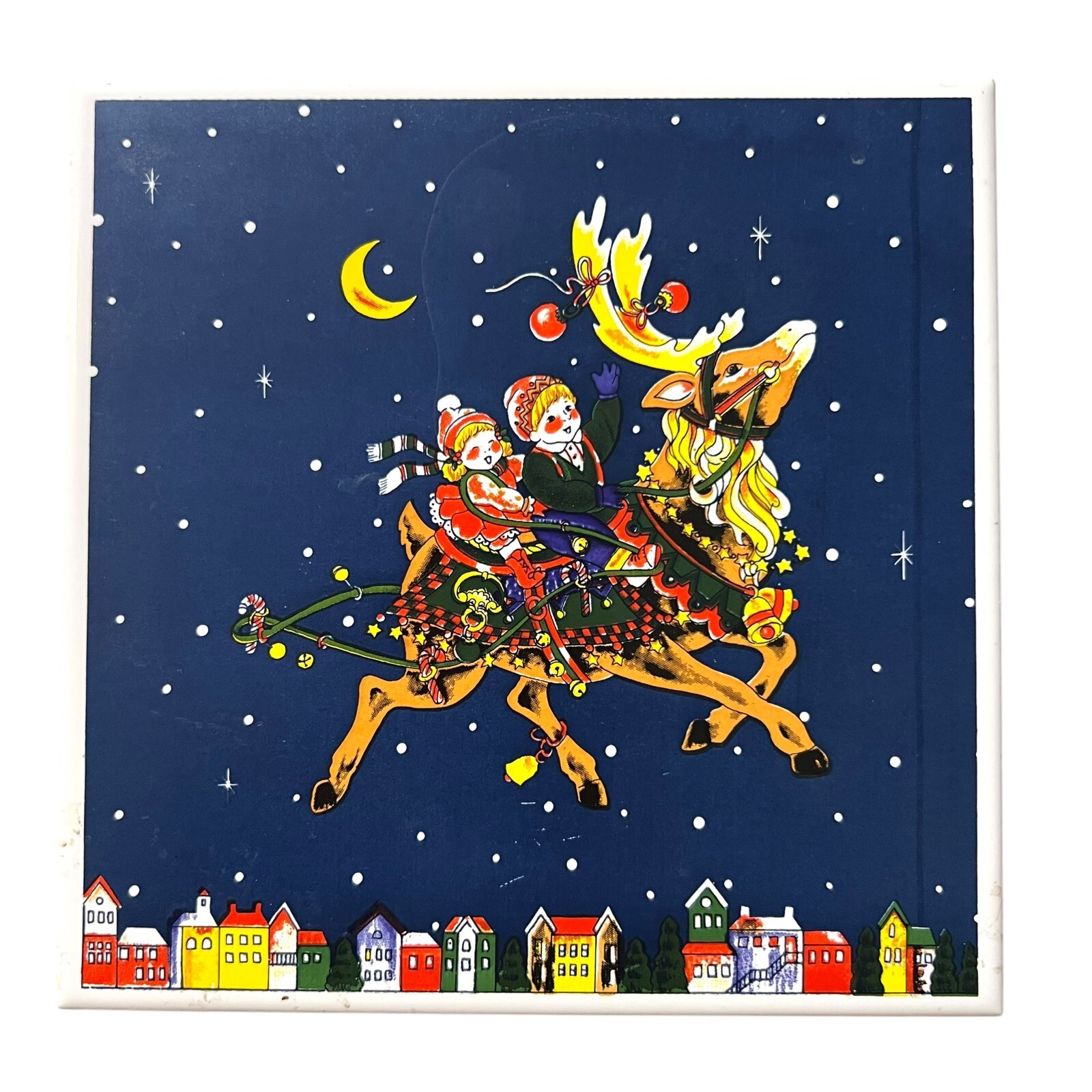 VTG 1991 Beechwood Ltd Christmas Ceramic Tile Trivet Reindeer Sleigh Scene 6×6