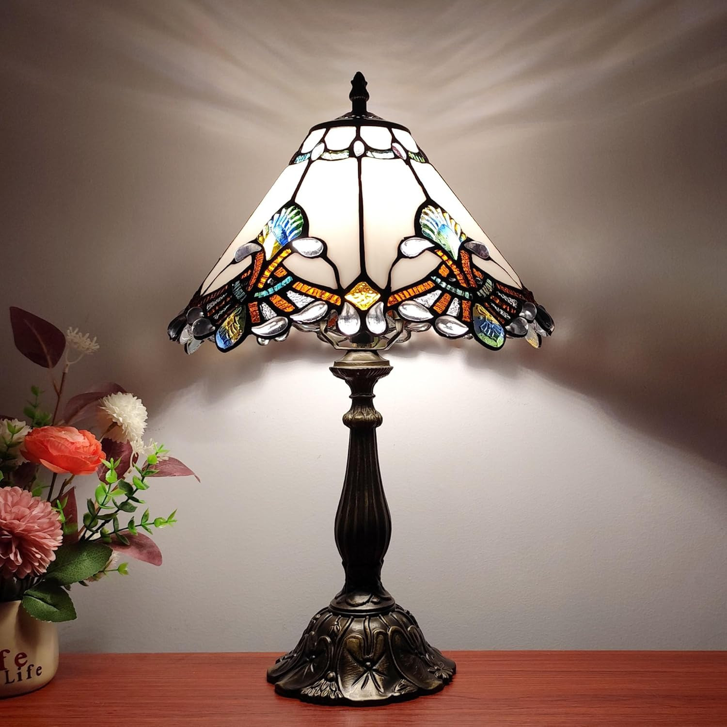 Vintage Tiffany Baroque Stained Glass Table Lamp with Bulb – 3-Way Light
