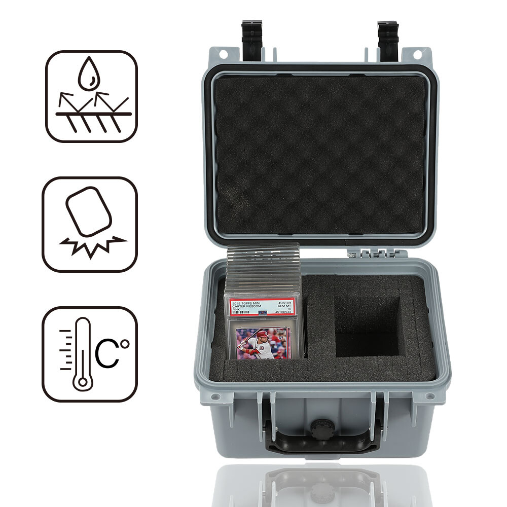 GRADED CARD STORAGE BOX WATERPROOF DEEP TRAVEL CASE SLAB HOLDER + PROTECTOR GRAY