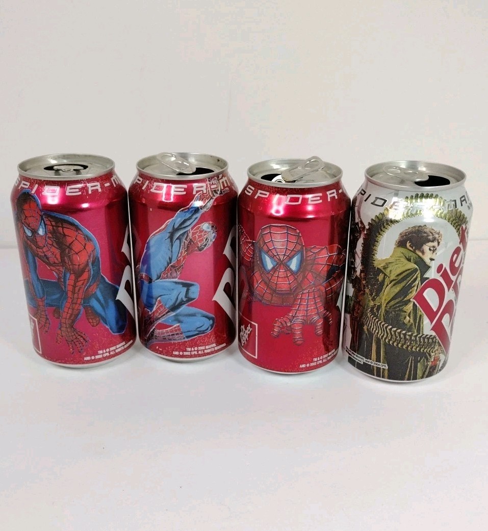 2002/04 Spider-Man 1 & 2 Dr Pepper Soda Cans Lot Of 4 Doc Ock Diet