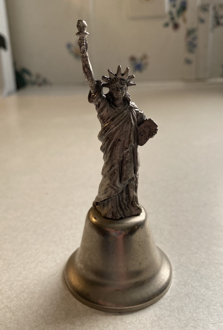 Vintage Statue Of Liberty New York Miniature Bell Pewter Silver Souvenir Gift