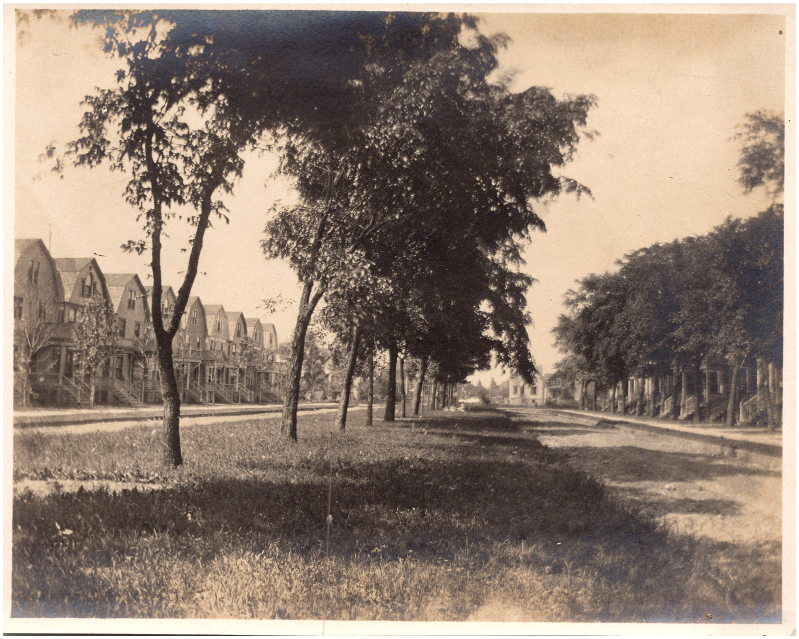 Street View of Town Houses & Median Unknown Location 1910s Antique Photo