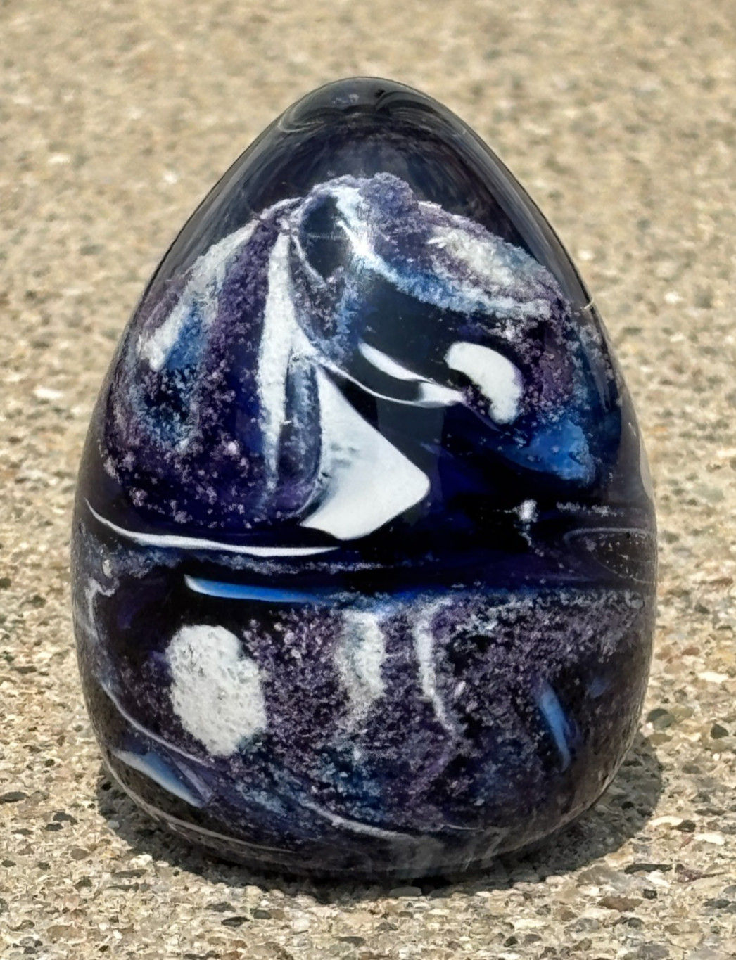 Blown Glass Swirl Egg Shaped Paperweight Blue, Purple, White 3″