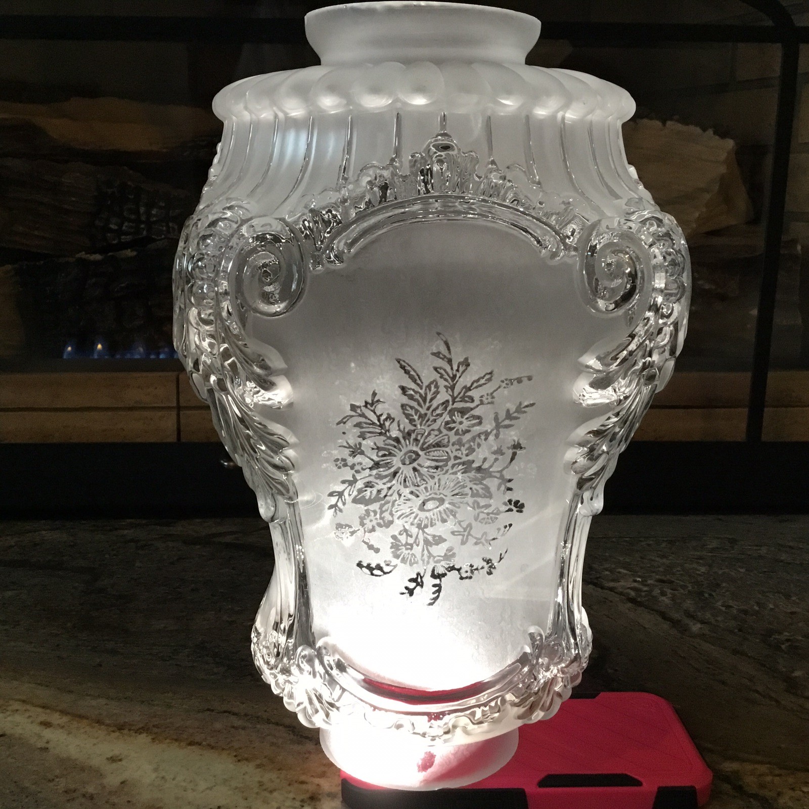 Antique French Baroque Crystal Shade Stenciled Floral in Satin Finished Panels