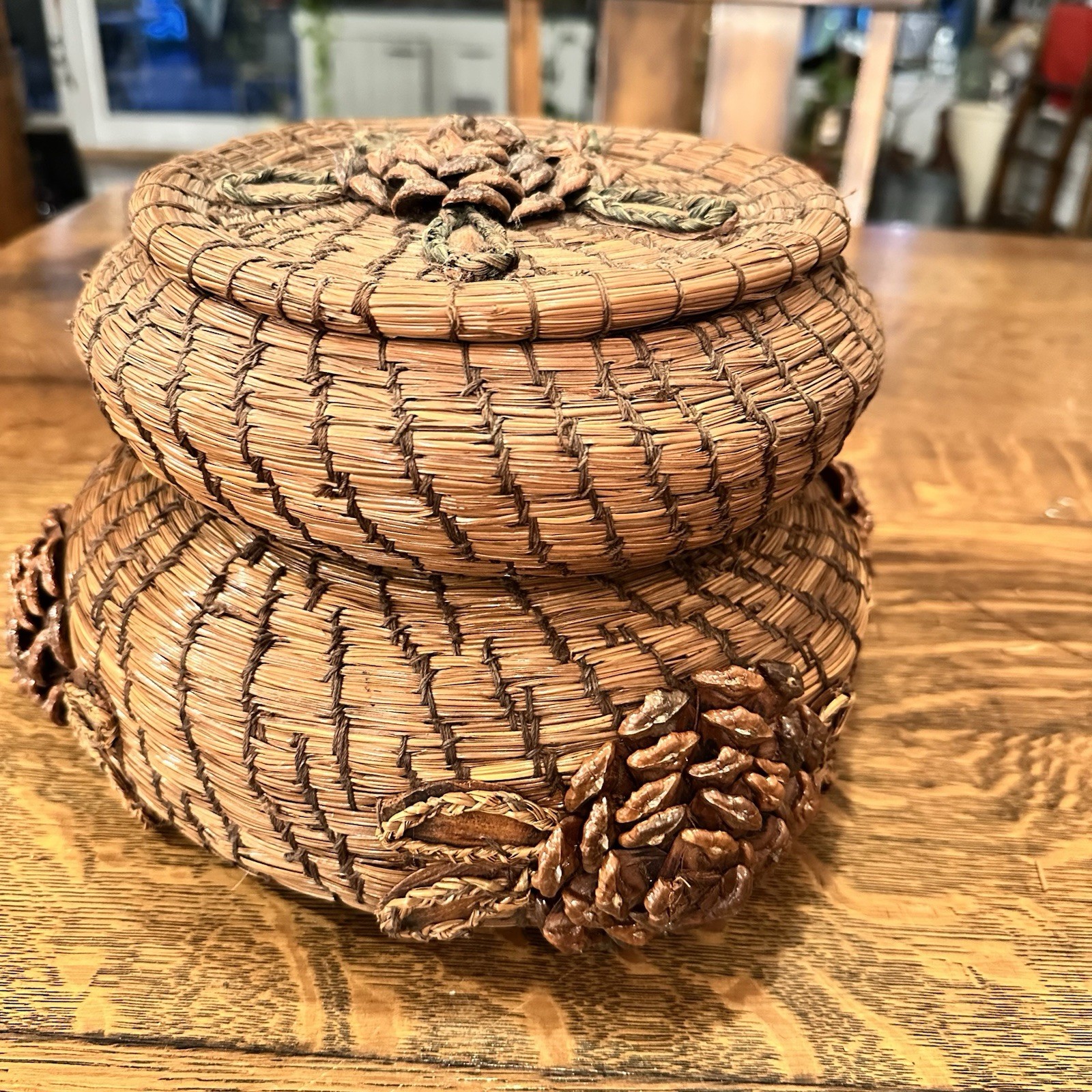Vintage Handmade Pine Needle & Pinecone Round Baskets Lid Native American Folk 3