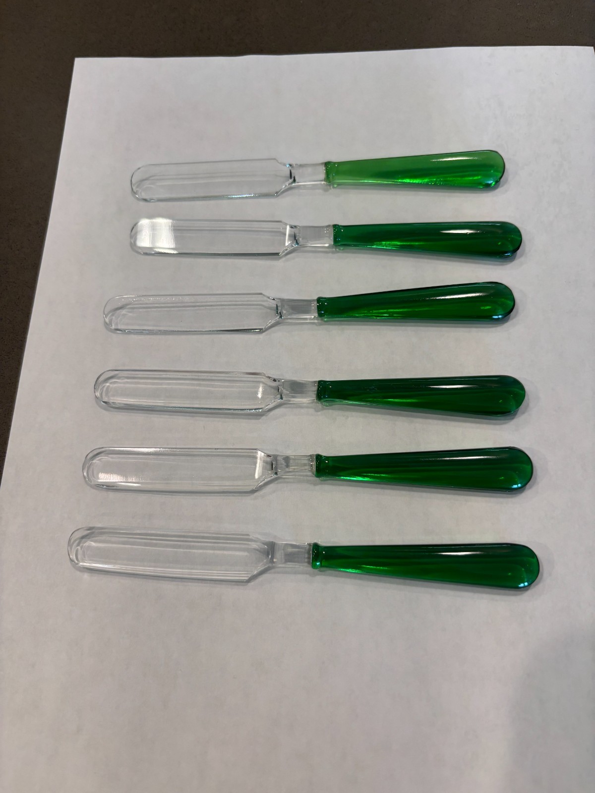 CZECHOSLOVAKIA GLASS BUTTER KNIVES WITH FOREST GREEN HANDLES. SET # 2.