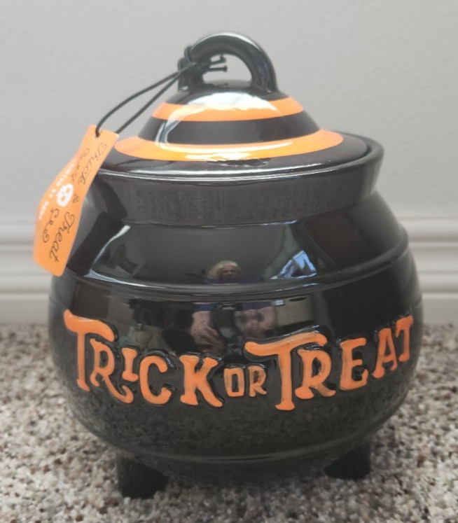 Halloween Black White “Trick Or Treat” Black Cauldron Cookie Treat Candy Jar